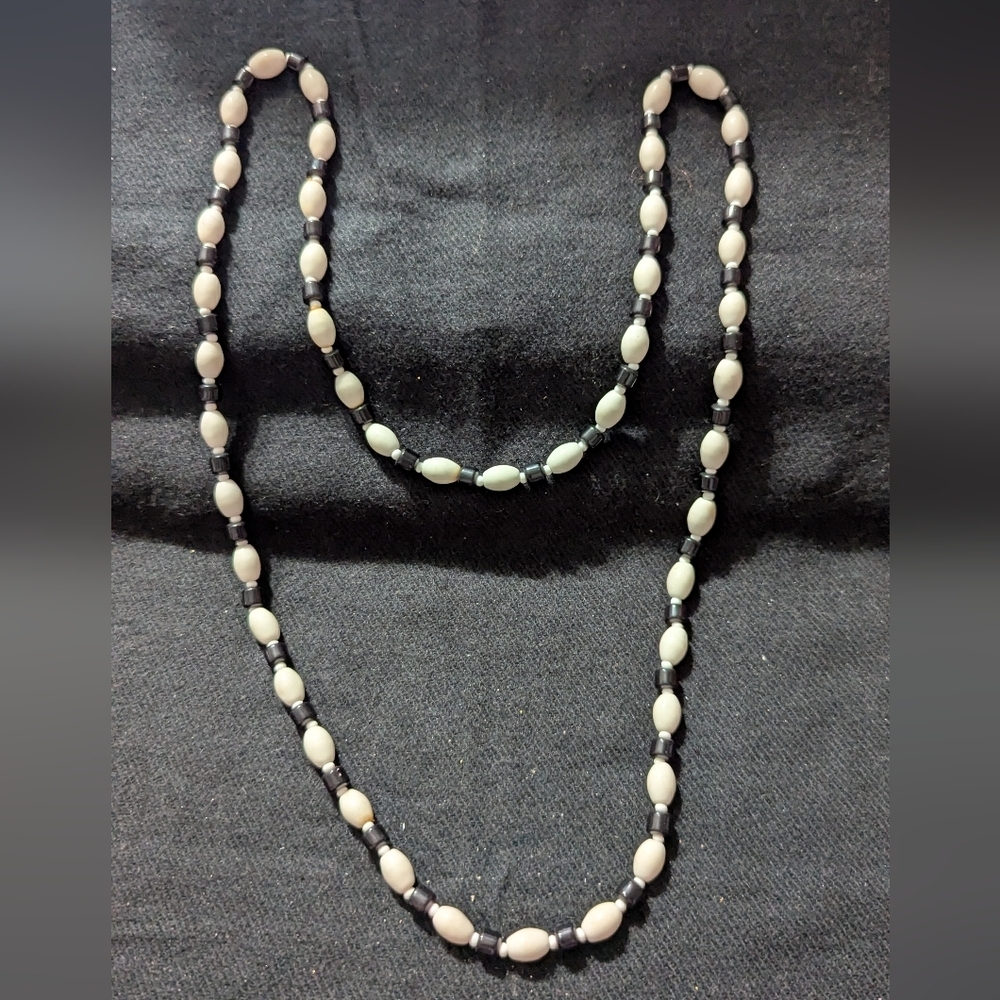 Vintage Black and White Beaded Long Statement Necklace